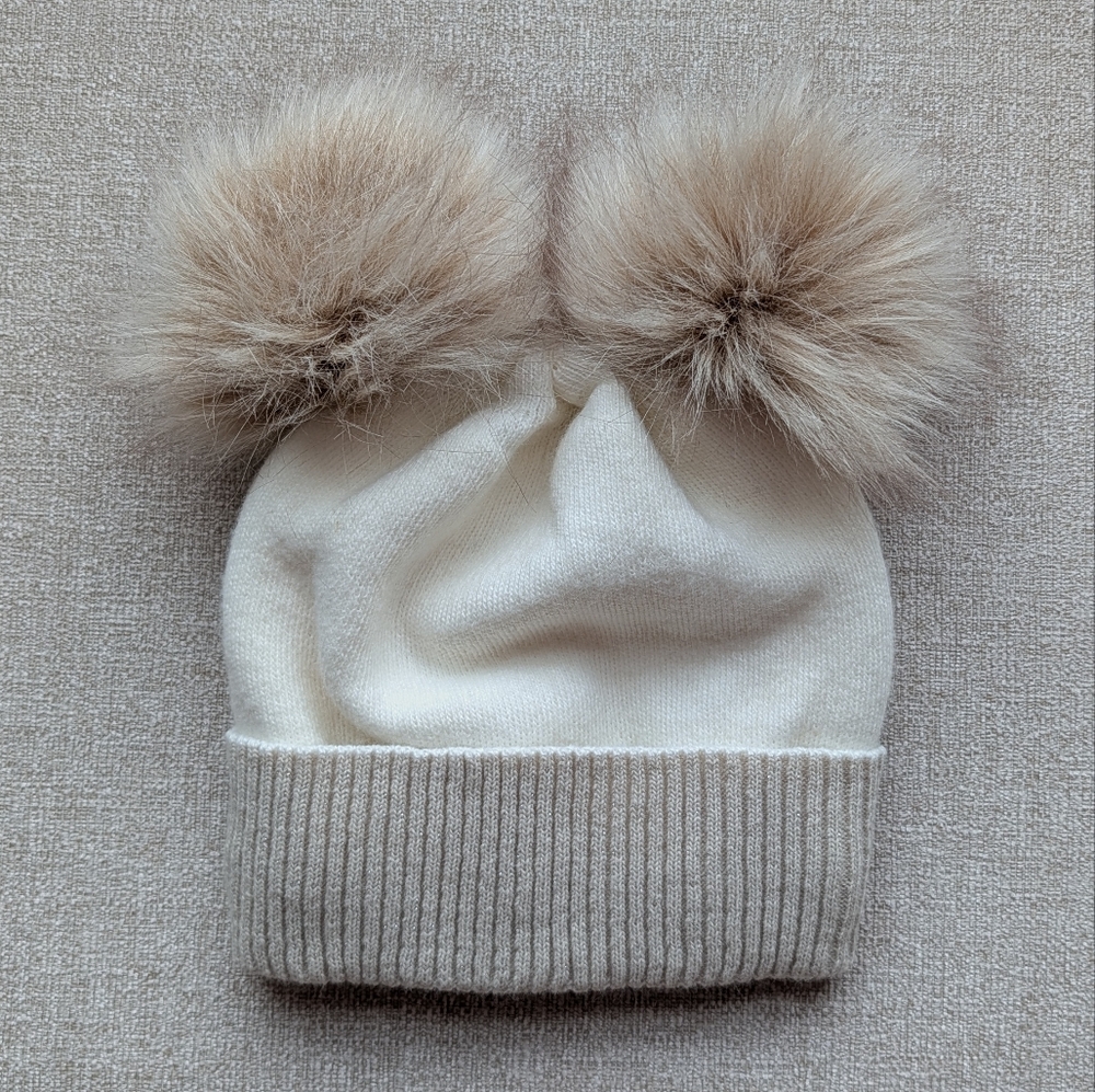 Cozy White and Tan Kids Pom-Pom Beanie